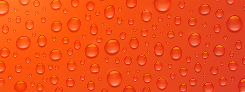 Texture of water droplets on red background. Vector realistic illustration of condensation of steam, vapor or fog on wet red surface, clear aqua drops from dew or rain