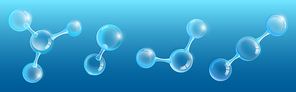 Abstract molecular structure from shiny glass spheres. Vector realistic set of 3d molecules, chemical or biotechnology models with transparent crystal balls isolated on blue background