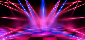 Dance floor, empty night club stage illuminated with red and blue spotlights. Checkered scene with laser beams, lamps and swirling smoke, disco dancing area interior, Realistic 3d vector illustration