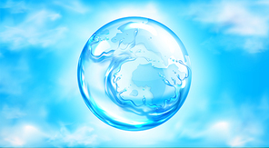 Water splashing sphere on blue sky background with white clouds. Save planet aqua resources, Earth safe and ecology protection concept. Liquid splash ball with drops, Realistic 3d vector illustration