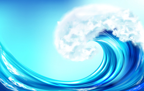 Realistic wave, big ocean or sea curve water splash with white foam on crest in motion on blue background. Nature water surface, storm at summer day, nautical seascape, surfing 3d vector illustration