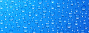 Condensation water drops on blue background. Rain droplets with light reflection on window surface, abstract wet texture, scattered pure aqua blobs pattern, backdrop, Realistic 3d vector illustration