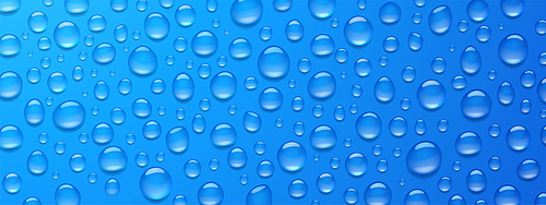 Condensation water drops on blue background. Rain droplets with light reflection on window surface, abstract wet texture, scattered pure aqua blobs pattern, backdrop, Realistic 3d vector illustration