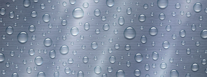 Water drops on metal background. Rain droplets with light reflection on grey metallic surface. Abstract condensation wet texture, scattered pure aqua blobs pattern, Realistic 3d vector illustration