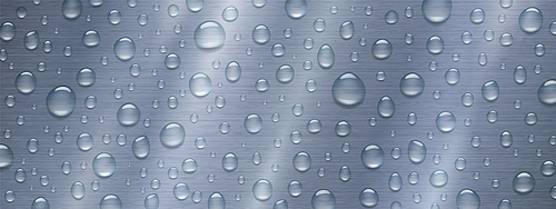 Water drops on metal background. Rain droplets with light reflection on grey metallic surface. Abstract condensation wet texture, scattered pure aqua blobs pattern, Realistic 3d vector illustration