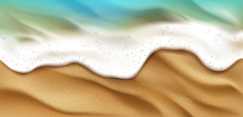 Top view of sea wave with foam splashing on beach with sand. Blue ocean foamy water splash on coastline background. Nature surface at summer day, nautical seascape, realistic 3d vector illustration