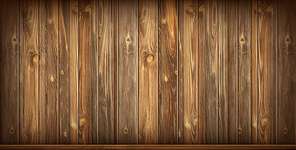 Wooden wall and baseboard with aged surface, realistic vector illustration. Vintage wall and floor made of darkened wood, realistic plank texture. Empty room interior background
