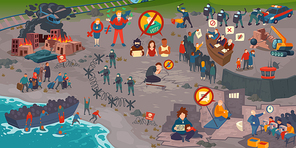 Global crisis, refugees, strike for human rights, people in trouble. Man crying of water lack, prisoner in jail, poor family with child beg, laborers on sewing factory Cartoon flat vector illustration