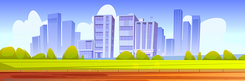 Cityscape with green lawn, bushes, walkway and urban buildings on skyline. Vector cartoon illustration of summer landscape with road, field and town on horizon