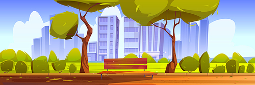 City park or sidewalk with bench and green trees on cityscape summer background. Scenery landscape, empty public place for walking and recreation, urban garden with pathway Cartoon vector illustration