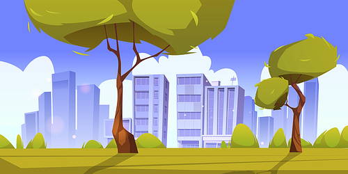 City park, summer or spring time scenery landscape, cityscape background, empty public place for walking and recreation with green trees and lawn. Urban garden panoramic Cartoon vector illustration