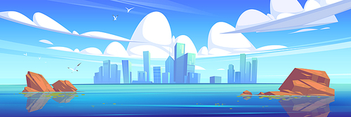 Lake or river with stones in water and city buildings on skyline. Vector cartoon illustration of sea landscape with skyscrapers on horizon and flying birds. Background with town on island