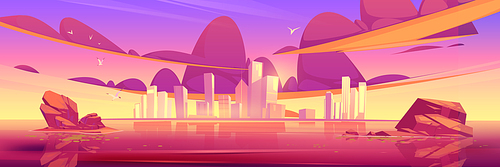 Sunset city skyline architecture near waterfront, modern megapolis with buildings skyscrapers reflecting in water surface under cloudy purple and pink sky with birds. Cartoon vector illustration