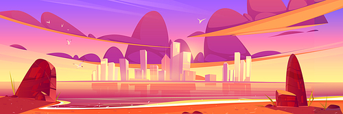 City skyline sunset or sunrise beautiful landscape at sea waterfront, modern megapolis with skyscraper buildings reflecting in water surface under cloudy purple or pink sky Cartoon vector illustration
