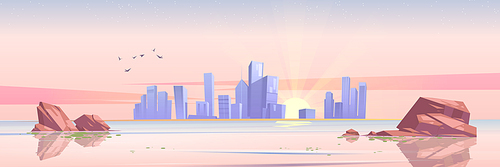 Lake or river with stones in water, city buildings and sun on horizon at sunrise. Vector cartoon illustration of dawn, sea landscape with skyscrapers on skyline and flying birds in morning
