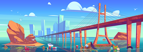Modern city skyline view with low-water bridge and polluted ocean water with floating plastic garbage, Ecology contamination, cityscape with skyscraper buildings and trash, Cartoon vector illustration