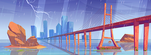 Landscape with bridge above water, stones in water and city buildings on skyline in rain. Vector cartoon illustration of lake with town on horizon, overpass highway and thunderstorm with lightning
