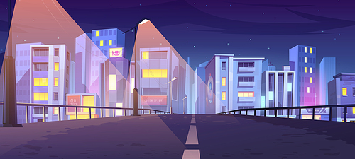 Road to city with office buildings, shops and houses at night. Vector cartoon urban landscape with empty street, town buildings, street lights and stars in sky