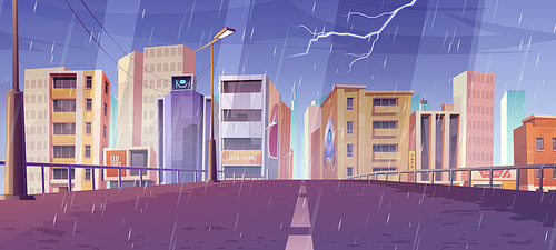 City skyline at rainy weather view from bridge, metropolis cityscape with empty road, skyscraper buildings, urban architecture at thunderstorm. Town or downtown district, Cartoon vector illustration