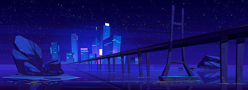 City skyline with buildings and bridge above lake or river at night. Vector cartoon landscape of sea, island with town skyscrapers on horizon, overpass highway, stones in water and stars in sky