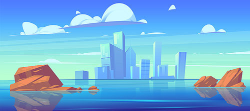 City skyline with buildings silhouettes and reflection in water of river or lake. Vector cartoon landscape of sea, island with town skyscrapers on horizon and stones in water