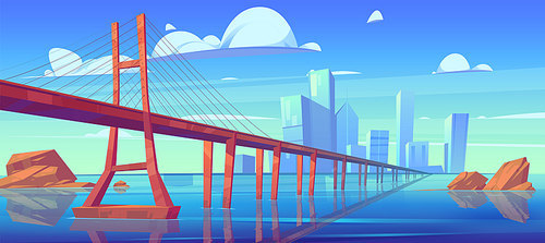 Modern city skyline view with low-water bridge, metropolis cityscape with skyscraper buildings architecture, glass towers under cloudy sky, town at ocean or sea coastline, cartoon vector illustration
