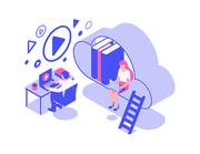 Online library, cloud storage with books, isometric vector illustration