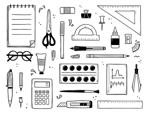 Sketch of school and office stationery. Hand drawn pens, pencil, marker, notebook and ruler. Vector doodle set of education supplies, study book, scissors, glasses, calculator and paints