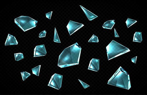 broken glass shards isolated , randomly scattered shattered pieces of crashed window, transparent ice crystal fragments with sharp edges, design elements, cartoon vector icons set