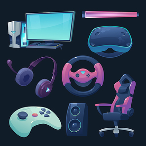 gamer room stuff computer monitor with keyboard, vr glasses, steering wheel and joystick with armchair and dynamics gaming equipment isolated on black  cartoon vector illustration, icons set