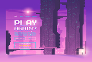 Arcade game website with futuristic background of city skyscrapers with lights. Vector landing page of casino and gambling with cartoon cityscape with purple buildings and neon lights