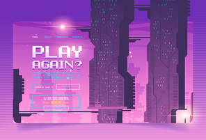 Arcade game website with futuristic background of city skyscrapers with lights. Vector landing page of casino and gambling with cartoon cityscape with purple buildings and neon lights