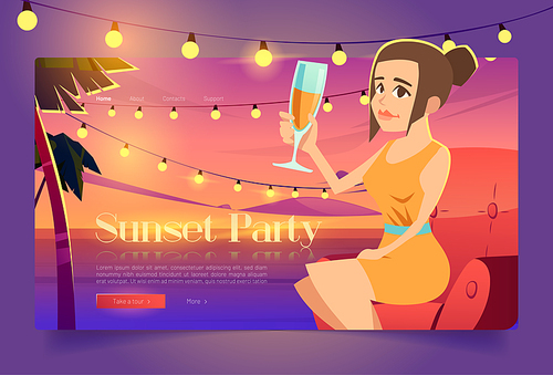Sunset party banner with woman in chair on sea coast. Vector landing page of evening beach party with cartoon illustration of girl with wine glass on background of pink ocean and sky