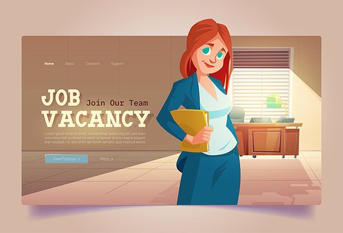 Job vacancy banner. Concept of hire staff, invitation to join company team. Vector landing page of search and recruit employee with cartoon illustration of woman hr manager in office with desk