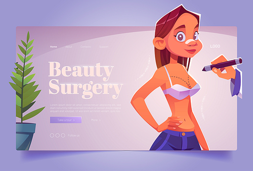 Beauty surgery banner with woman in bra on consultation about breast lift or augmentation. Vector landing page of plastic operation with cartoon illustration of girl patient in clinic