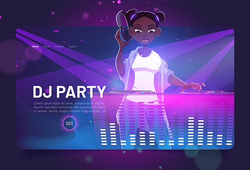 Dj party cartoon landing page, african girl disc jockey with headphones wear modern clothes and hairstyle playing music at console during dance festival or musical club battle, Vector web banner