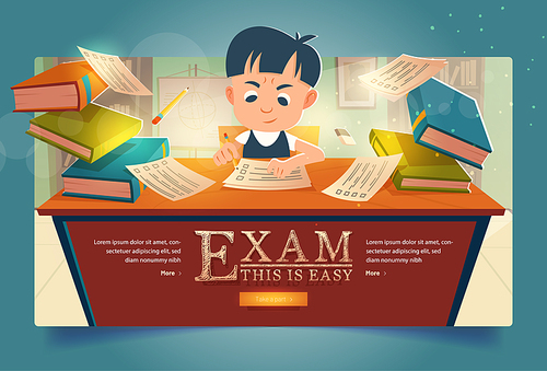 Schoolboy pass exam cartoon web banner. Boy solve test filling paper form at school examination. Kid sitting at desk with textbooks piles around. Student studying or learning, Vector illustration