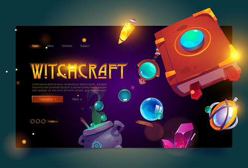 Witchcraft banner with book of spell, magic amulets and cauldron with boiling potion. Vector landing page with cartoon illustration of witch or wizard equipment, crystal sphere and flask with poison