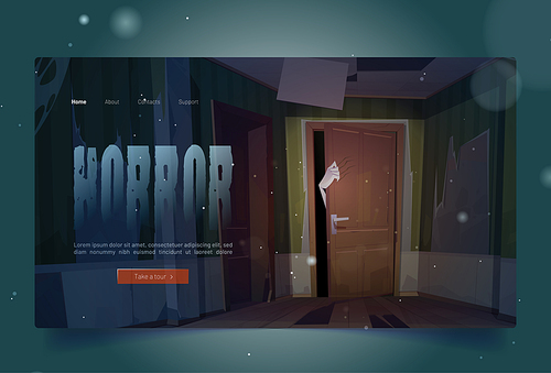 Horror cartoon landing page with creepy ghost or zombie hand scratching wooden door from outside. Spooky halloween monster in haunted house with cracked floor and broken walls, fear Vector web banner