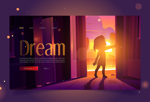 Dream banner. Concept of hope and imagination. Vector landing page of dreaming with girl silhouette open door to dark house on background of sunset landscape