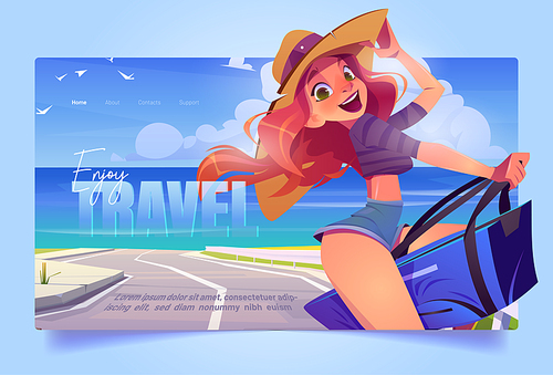 Travel banner with girl on vacation at sea shore. Concept of summer trip, journey to ocean beach. Vector landing page with cartoon illustration of woman with suitcase on road on sea coast