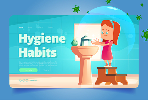 Hygiene habits banner with girl washing hands in sink with flying bacterias around. Vector landing page of prevention flu and health care with cartoon illustration of child wash hands with soap