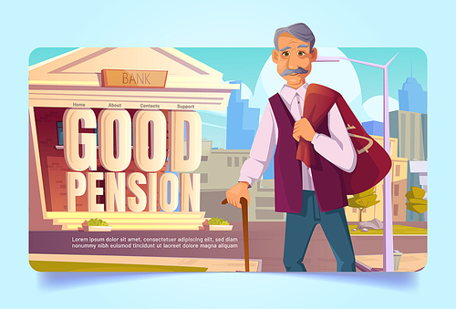 Pension fund savings cartoon landing page. Happy senior man with money sack leaving bank. Long-term capital investment, retirement care, elderly pensioner insurance financial concept vector web banner