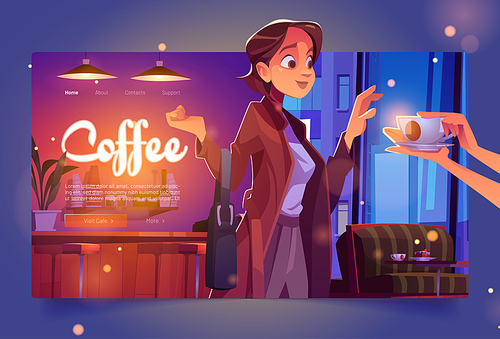 Coffee banner with woman in cafe. Vector landing page with cartoon illustration of girl takes cup with hot drink in coffee shop with wooden counter, stools, sofa and table with cake and mug