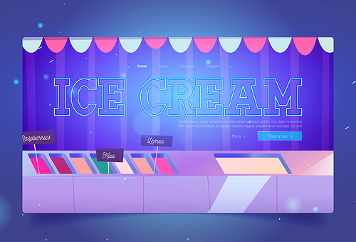 Ice cream shop website with cafe interior with fridge. Vector landing page with different gelato in refrigerator in gelateria. Counter with freezer with fruit ice cream and sundae