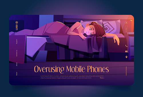Overusing mobile phones banner. Concept of Internet addiction, FOMO, overuse social media. Vector landing page with cartoon illustration of sleepless woman lying in bed with smartphone at night