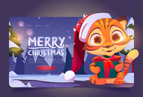 Merry Christmas cartoon landing page. Cute tiger character wear Santa Claus hat holding gift box in winter forest. Wild funny kitten animal cub, kawaii 2022 chinese zodiac symbol, Vector web banner