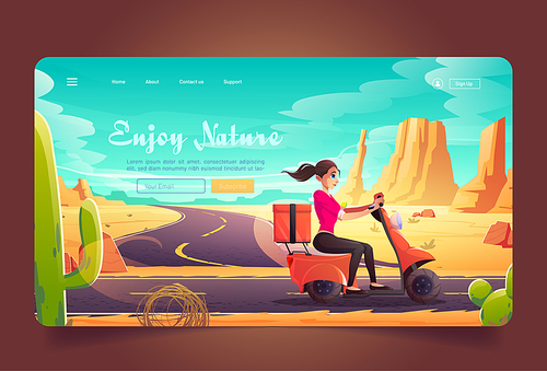 Enjoy nature banner with girl ride on scooter on road in desert. Vector landing page with cartoon sand desert landscape with mountains, cactuses, tumbleweed and highway. Woman travel on motorbike