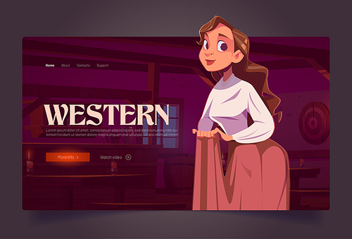 Western landing page, cartoon woman on cowboy saloon background with retro furnishing, wooden tables and darts on wall. Invitation to old tavern, beer pub, bar, cafe, Game or book vector web banner