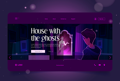 House with the ghost landing page with cartoon characters dead spook in mirror and frightened boy. Halloween virtual tour, book, game spooky scene with scary personage in darkness Vector web banner